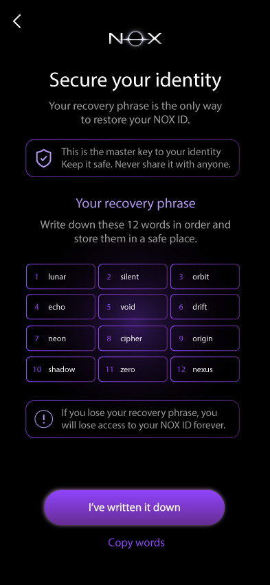 Secure recovery phrase screen