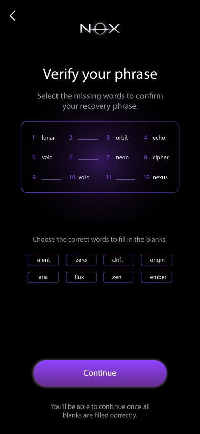 NOX verify phrase screen